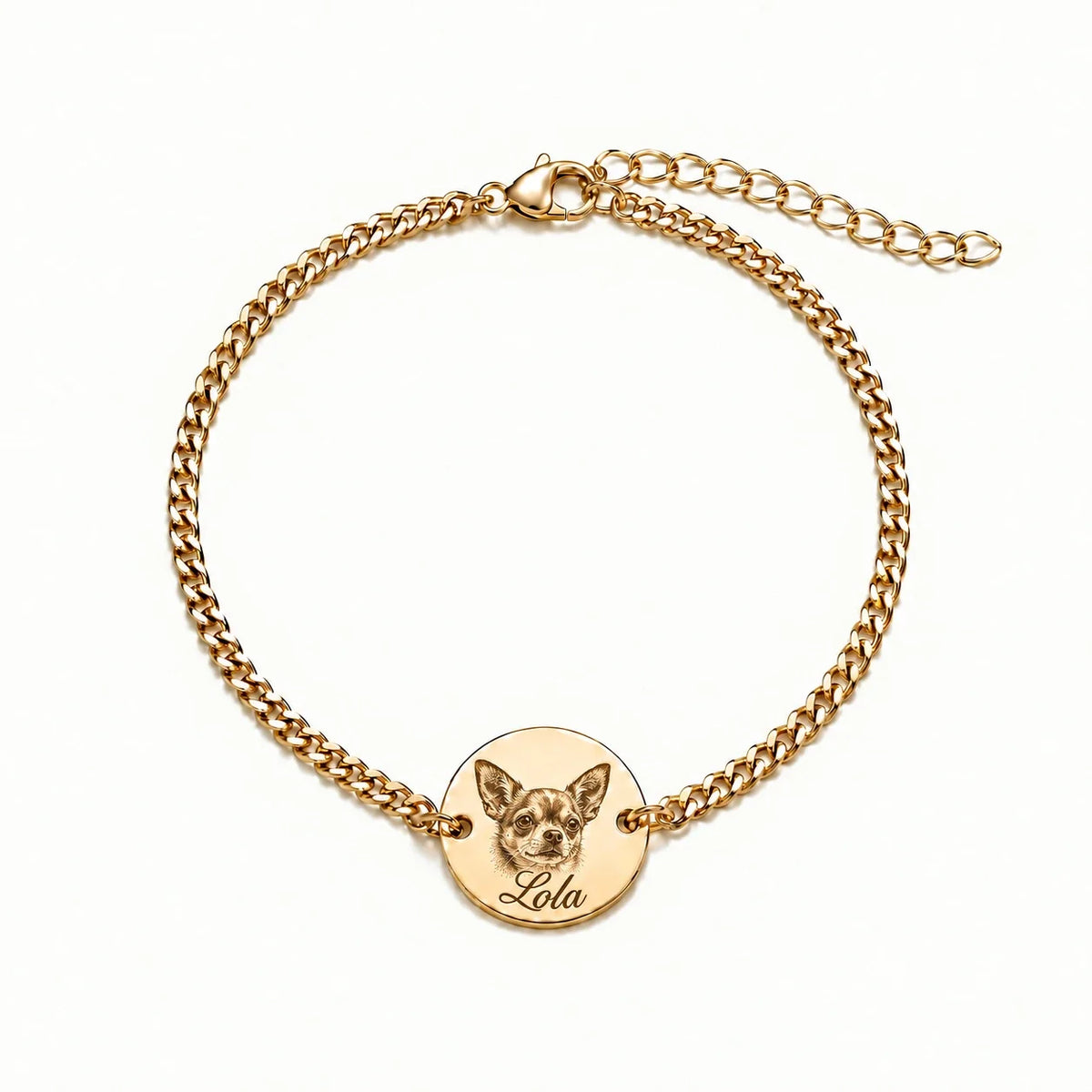Custom gold pet portrait bracelet engraved from a favorite pet photo