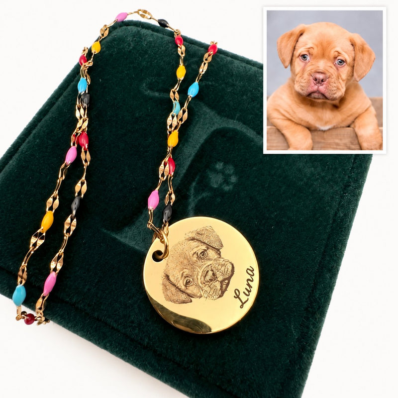 Rainbow Bridge pet memorial necklace engraved with Luna on a dark green gift box