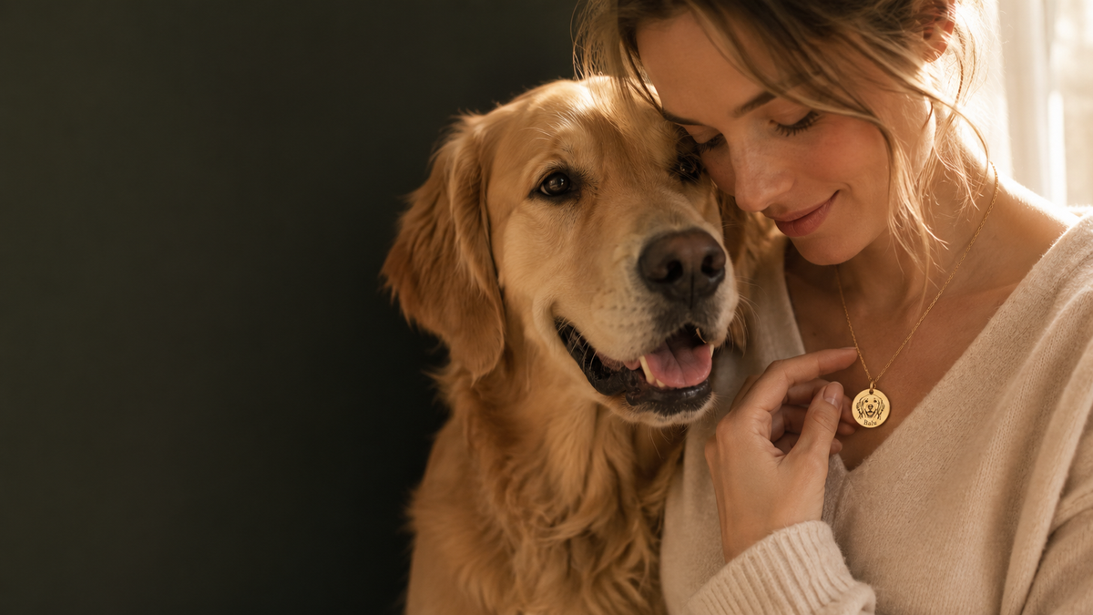 Woman with her dog wearing personalized Treuespur pet portrait jewelry