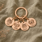 Rose gold keychain with portraits of four pets: Felix, Bella, Simba and Luna