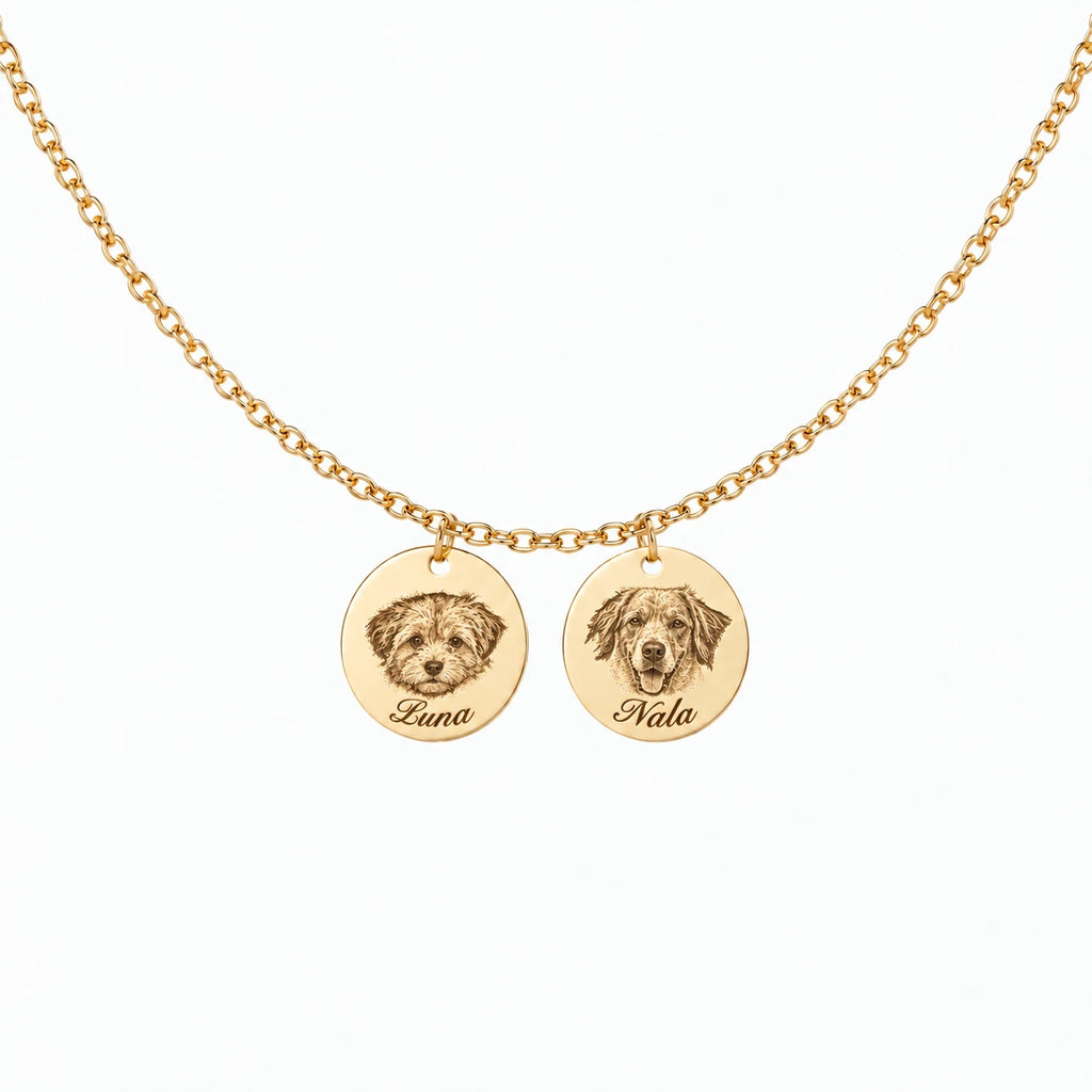 Custom engraved pet portrait necklace made from a dog or cat photo