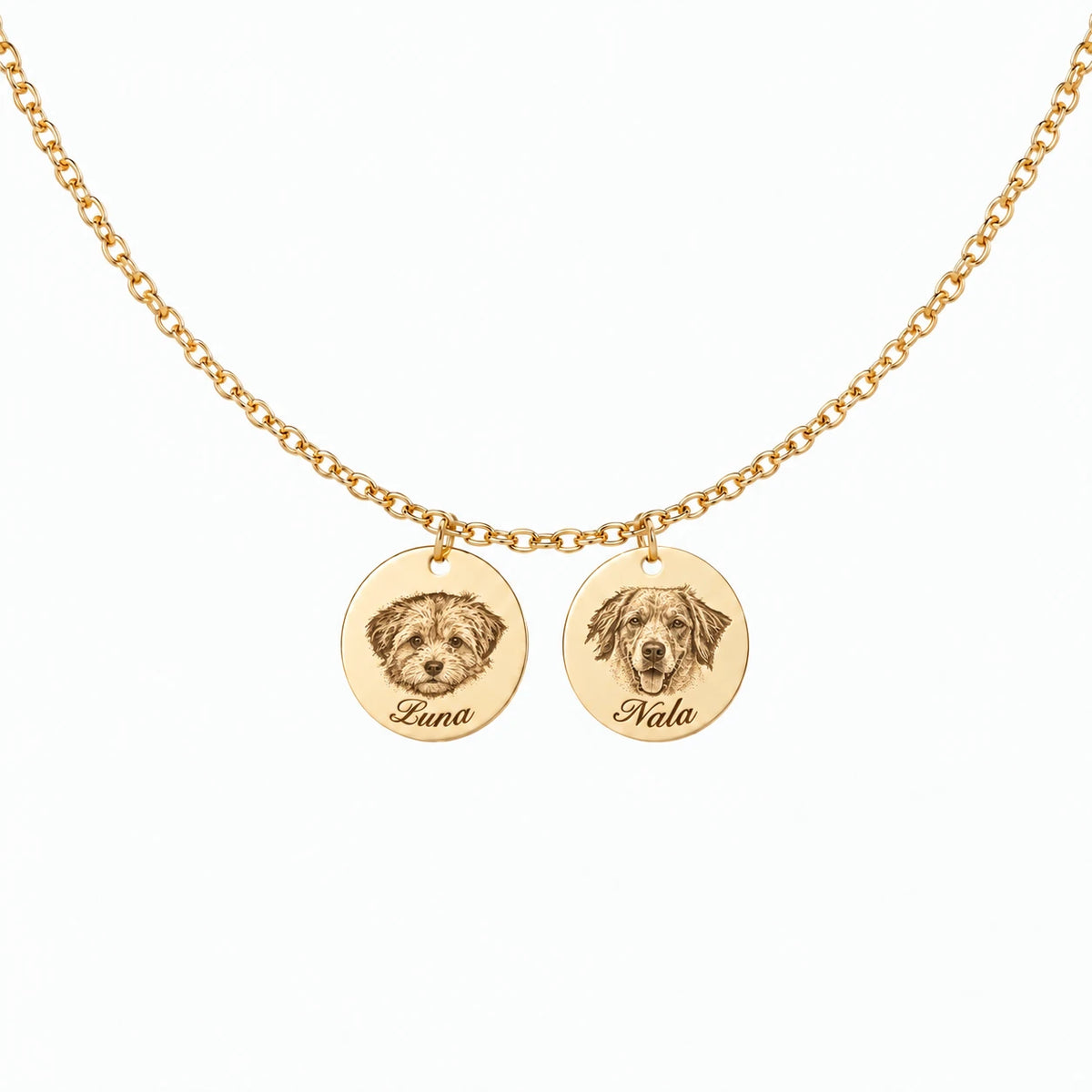 Custom engraved pet portrait necklace made from a dog or cat photo