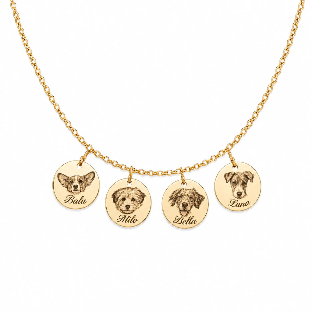 Custom engraved pet portrait necklace made from a dog or cat photo