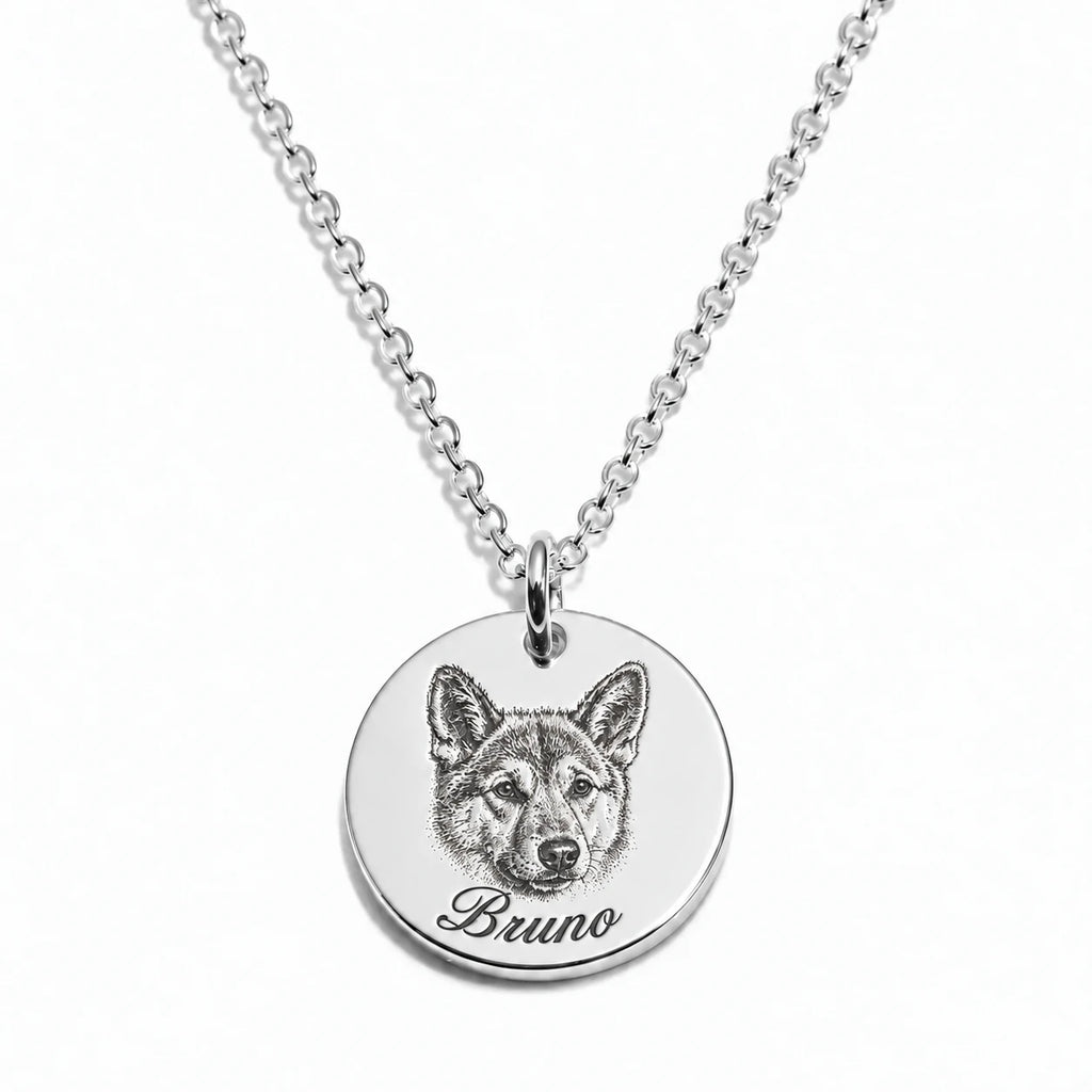 Custom engraved pet portrait necklace made from a dog or cat photo