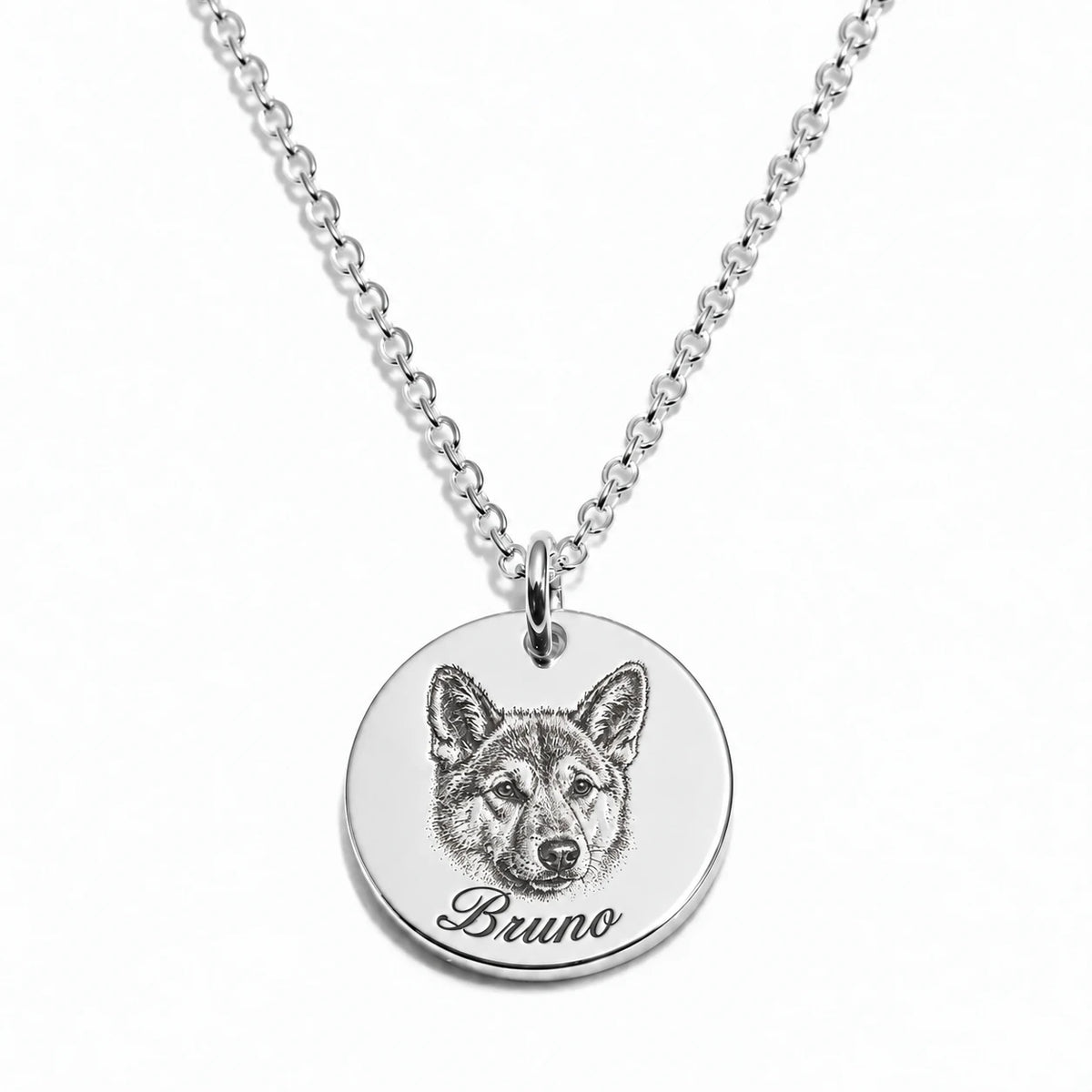 Custom engraved pet portrait necklace made from a dog or cat photo