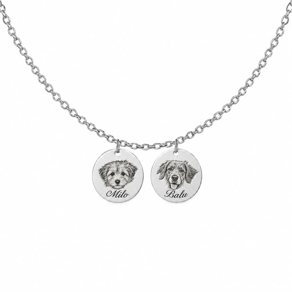 Custom engraved pet portrait necklace made from a dog or cat photo