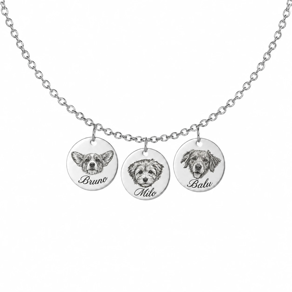 Custom engraved pet portrait necklace made from a dog or cat photo