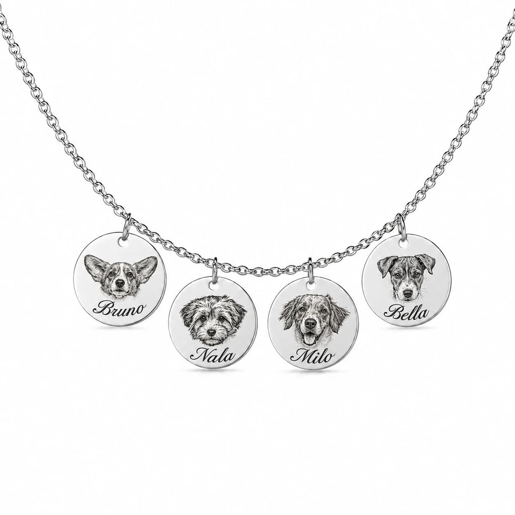 Custom engraved pet portrait necklace made from a dog or cat photo