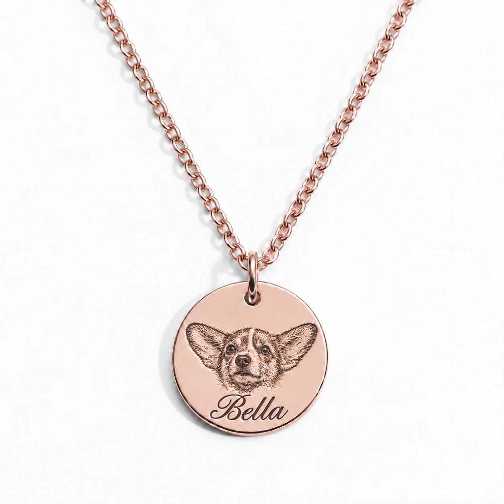 Custom engraved pet portrait necklace made from a dog or cat photo
