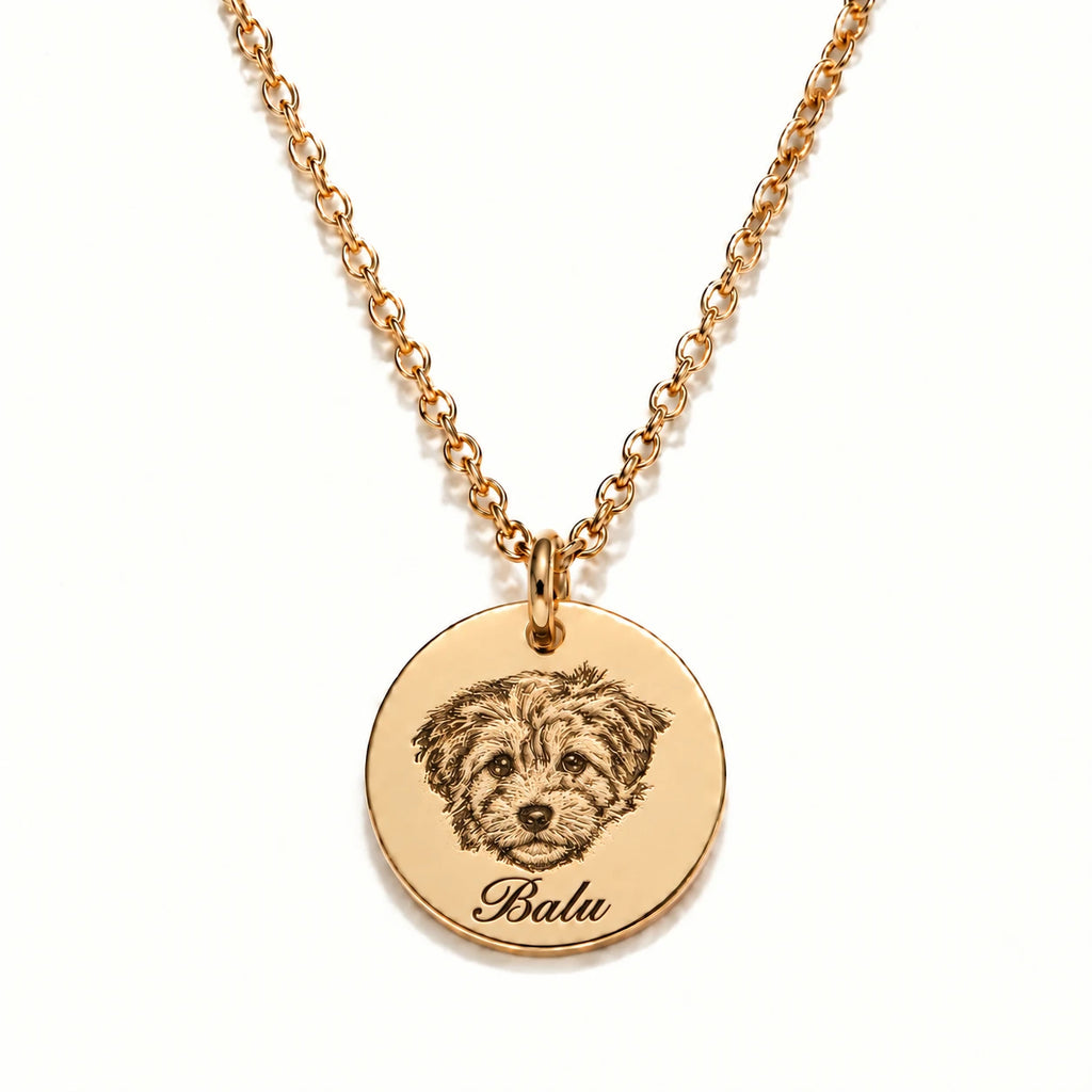 Personalized jewelry featuring your pet's engraved portrait and name