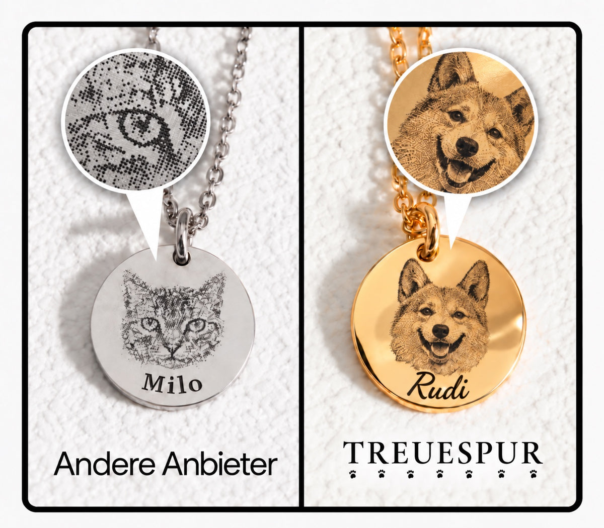 Comparison of pet portrait engraving: other brands and PawToKeep