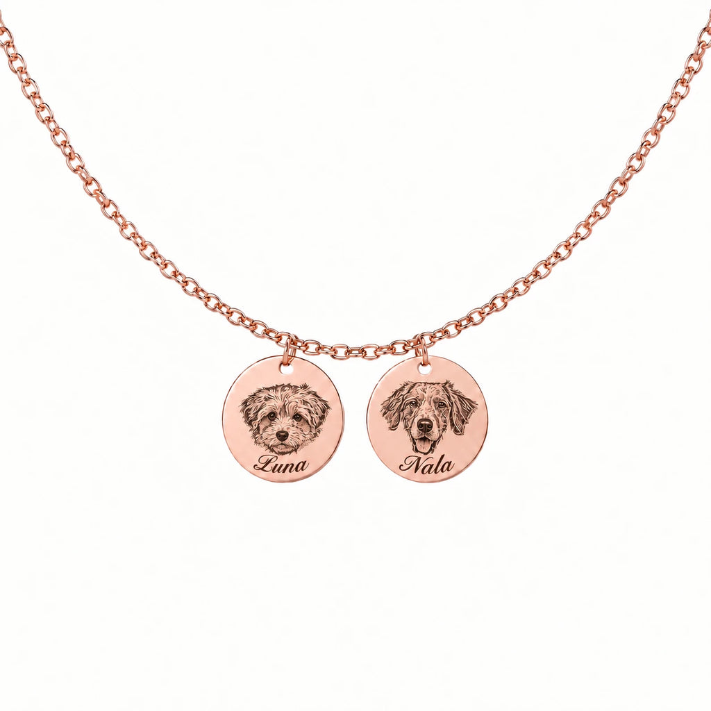 Custom engraved pet portrait necklace made from a dog or cat photo