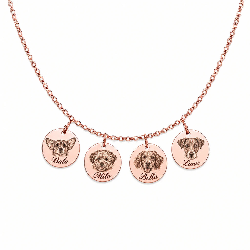 Custom engraved pet portrait necklace made from a dog or cat photo