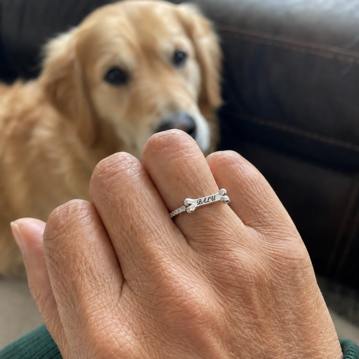 Personalized 304 stainless steel dog bone name ring with zirconia details