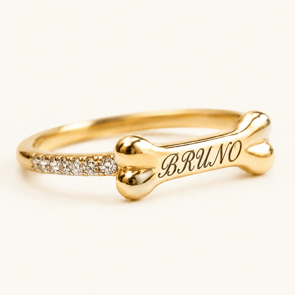 Gold personalized bone ring engraved with BRUNO and zirconia accents
