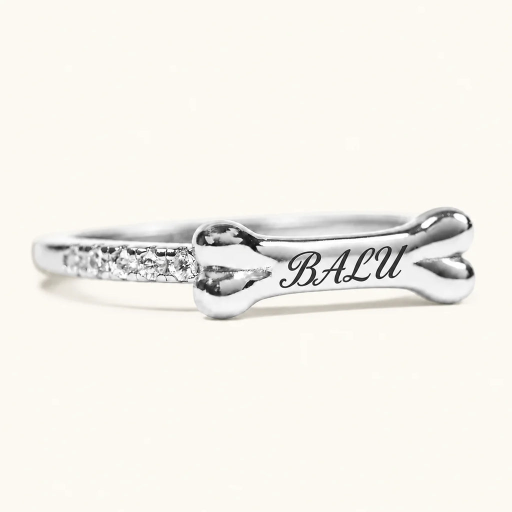 Silver personalized bone ring engraved with BALU and zirconia accents