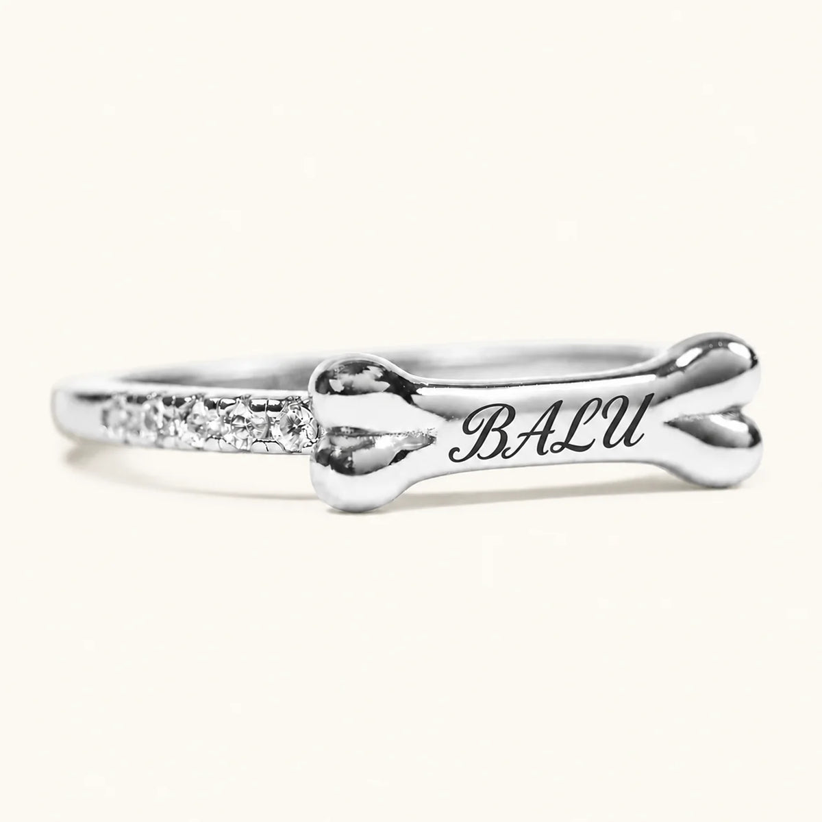 Silver personalized bone ring engraved with BALU and zirconia accents