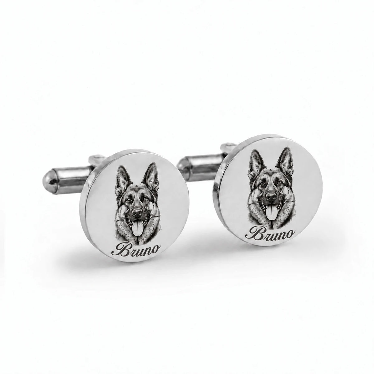 Matching pair of cufflinks with the same engraved pet portrait and Bruno's name on both