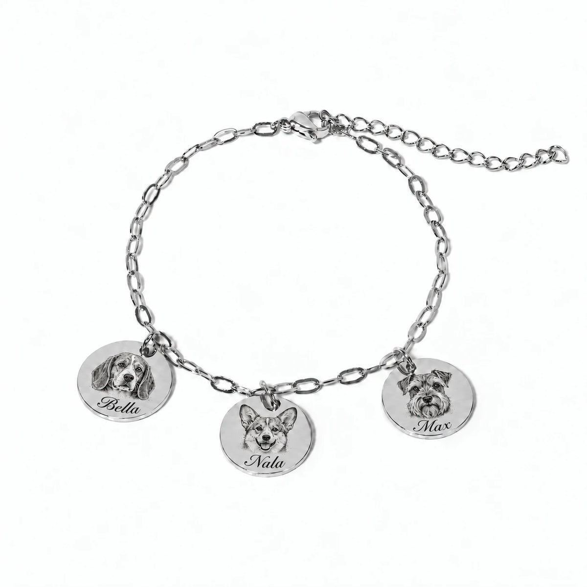 Pet portrait engraving with names Bella, Nala, Max in font 22