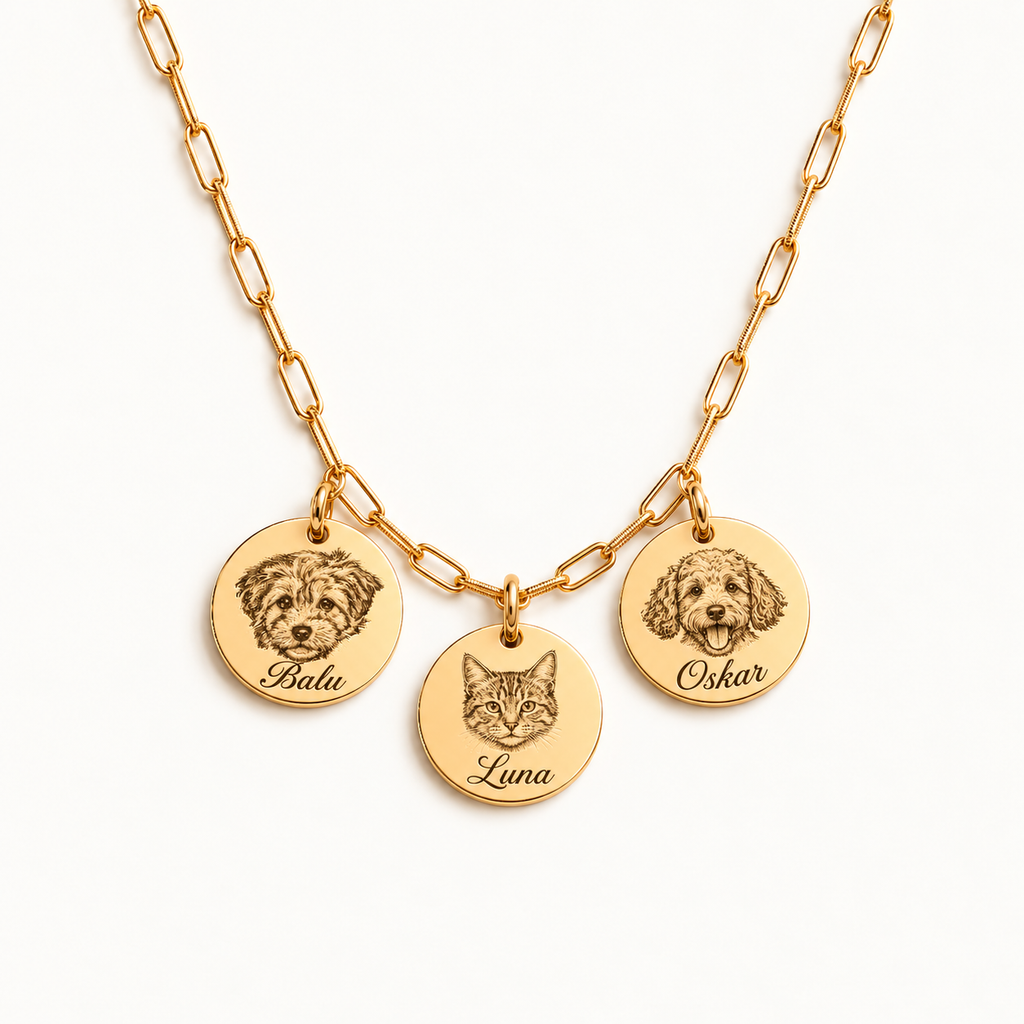 18K gold-plated paperclip necklace with 3 engraved pet portraits and name engraving in font 22