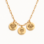 18K gold-plated paperclip necklace with 3 engraved pet portraits and name engraving in font 22