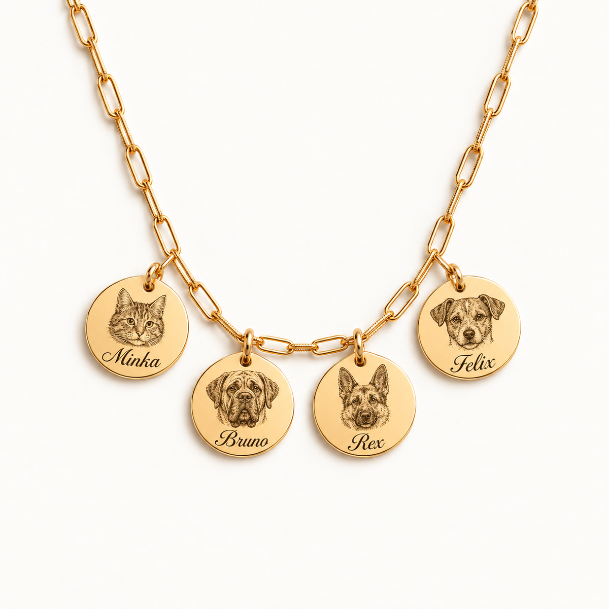 18K gold-plated paperclip necklace with 4 engraved pet portraits and name engraving in font 22
