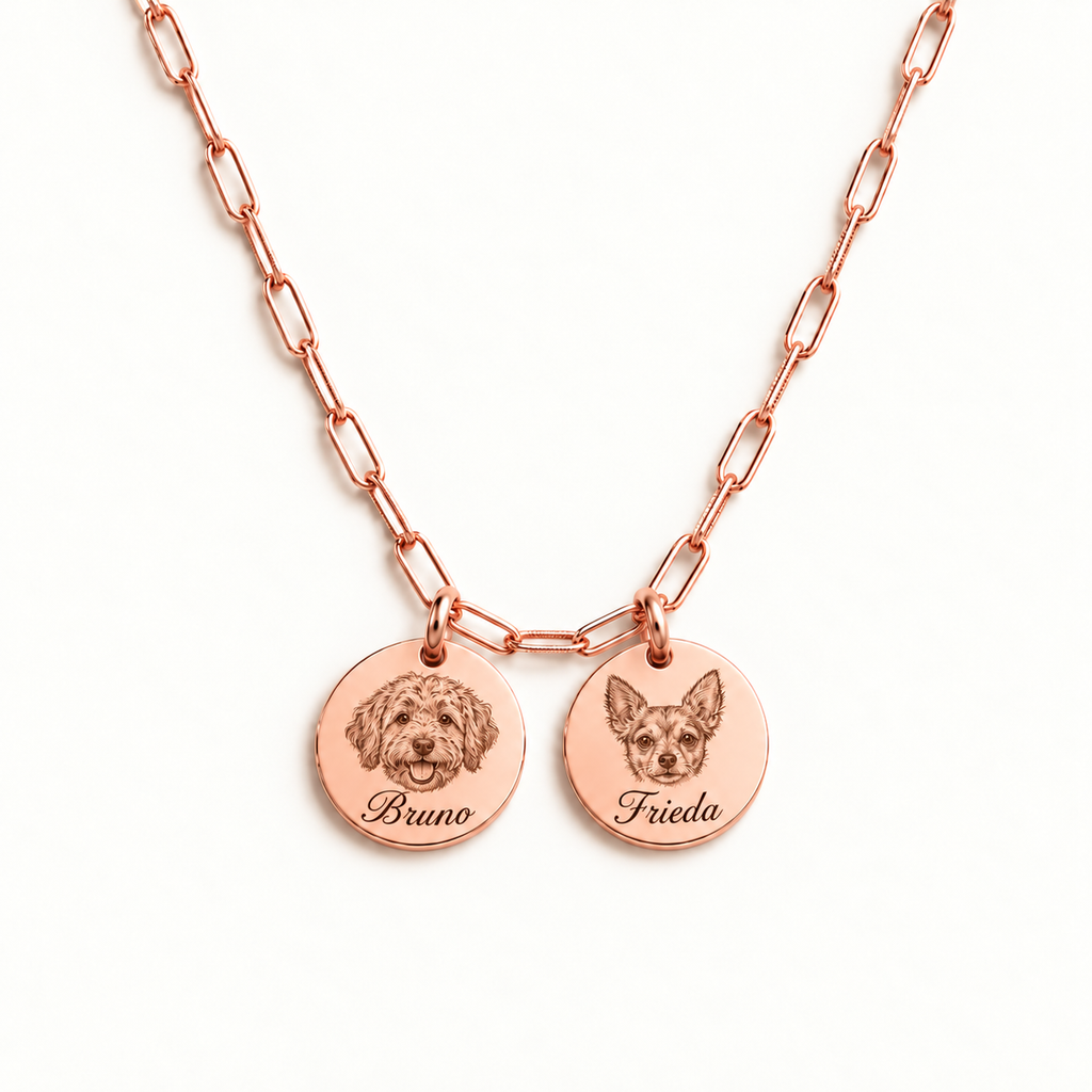 18K rose gold-plated paperclip necklace with 2 engraved pet portraits and name engraving in font 22