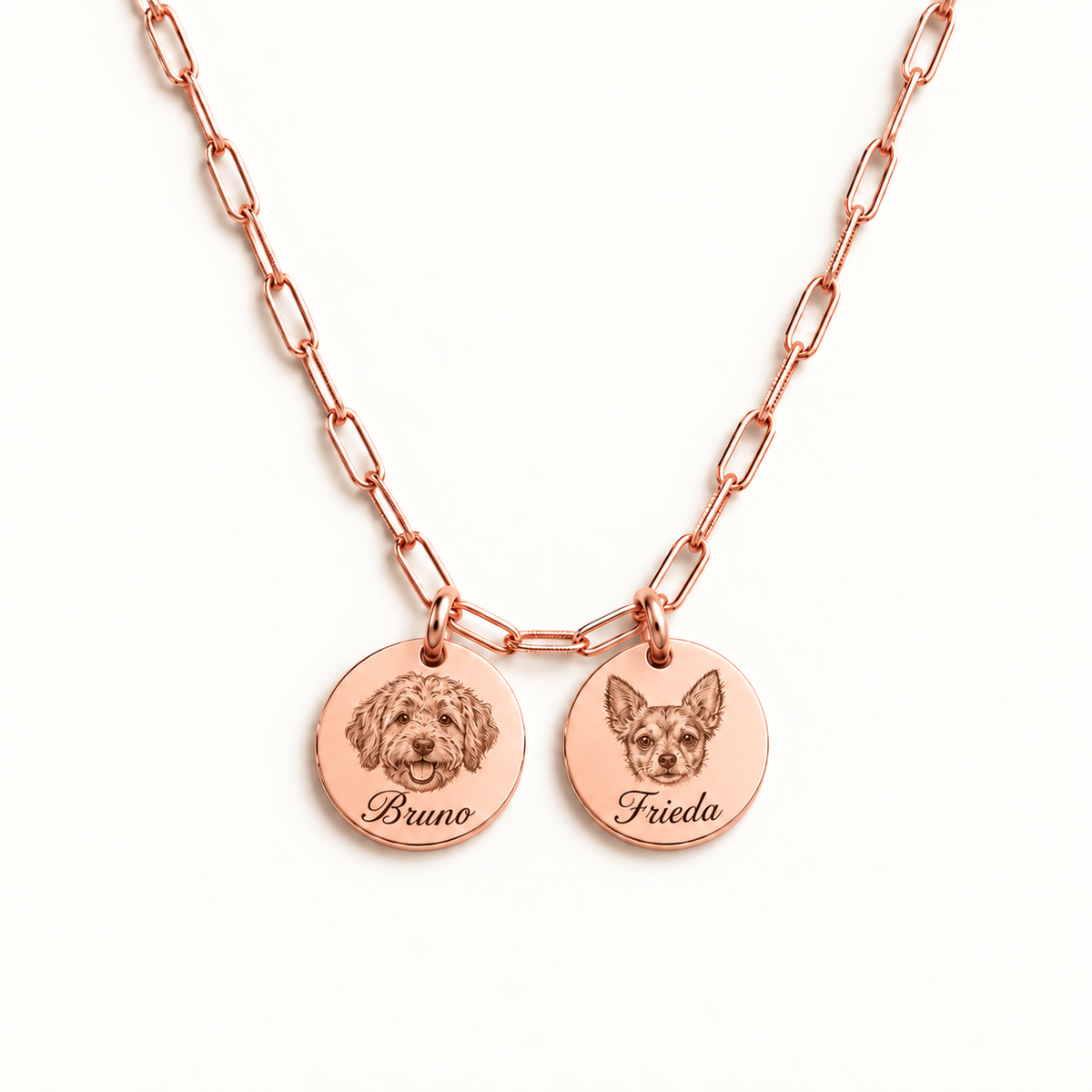 18K rose gold-plated paperclip necklace with 2 engraved pet portraits and name engraving in font 22