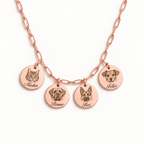 18K rose gold-plated paperclip necklace with 4 engraved pet portraits and name engraving in font 22