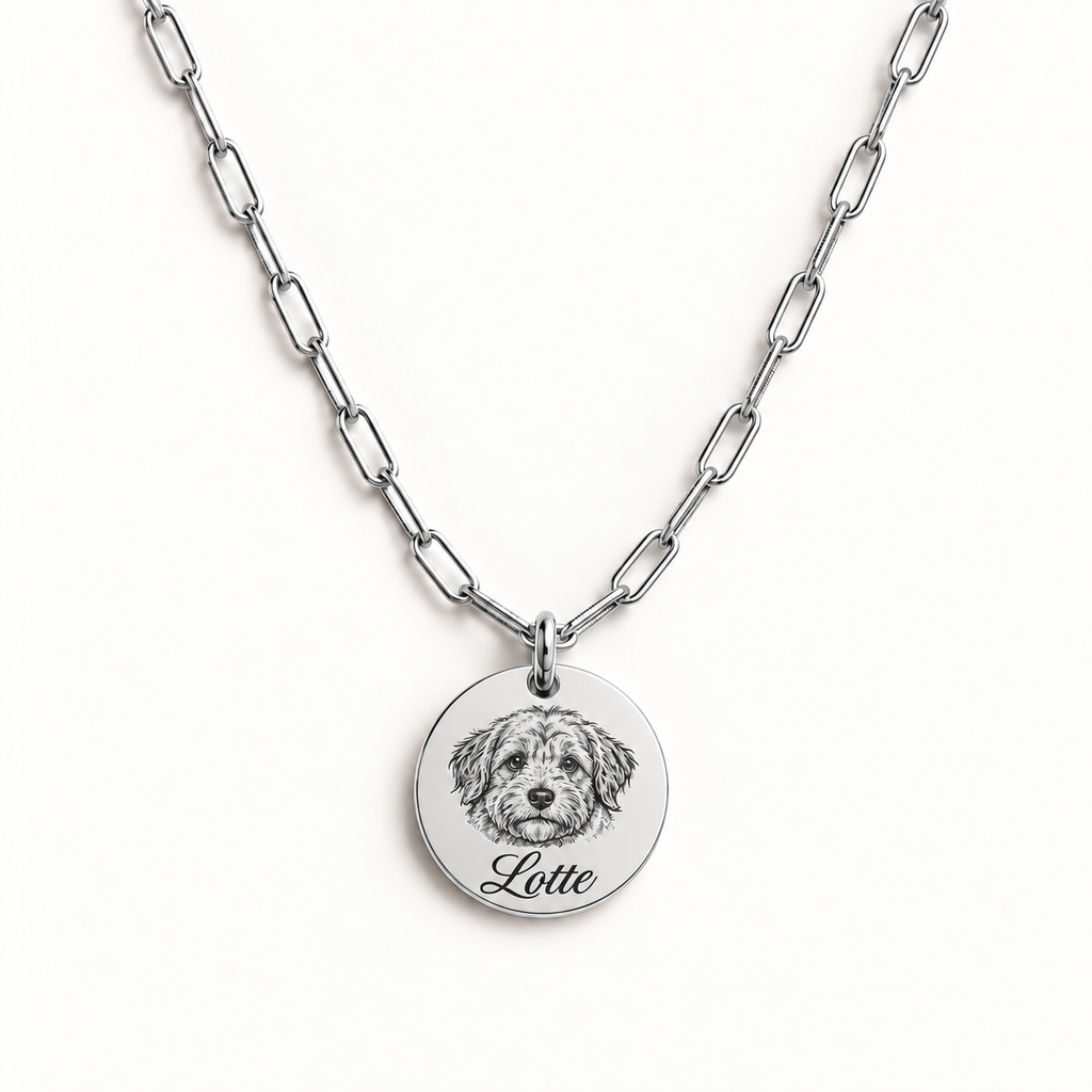 Silver paperclip necklace with 1 engraved pet portrait and name engraving in font 22