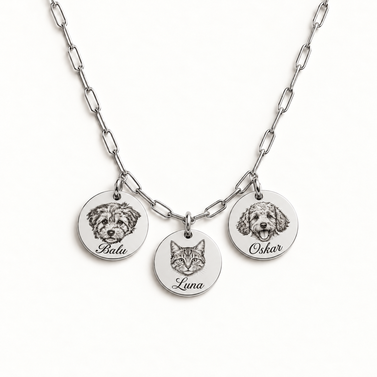 Silver paperclip necklace with 3 engraved pet portraits and name engraving in font 22