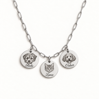 Silver paperclip necklace with 3 engraved pet portraits and name engraving in font 22
