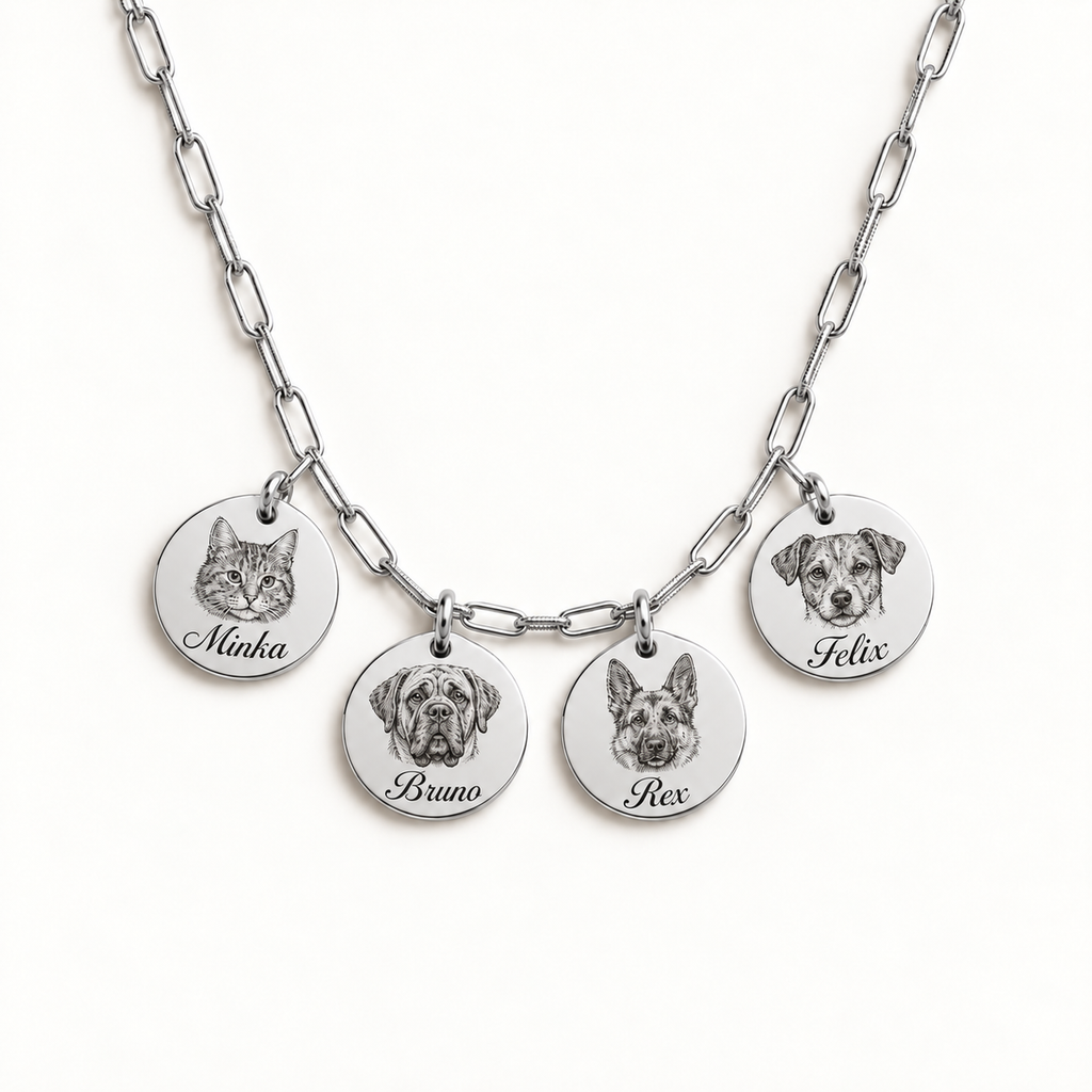 Silver paperclip necklace with 4 engraved pet portraits and name engraving in font 22