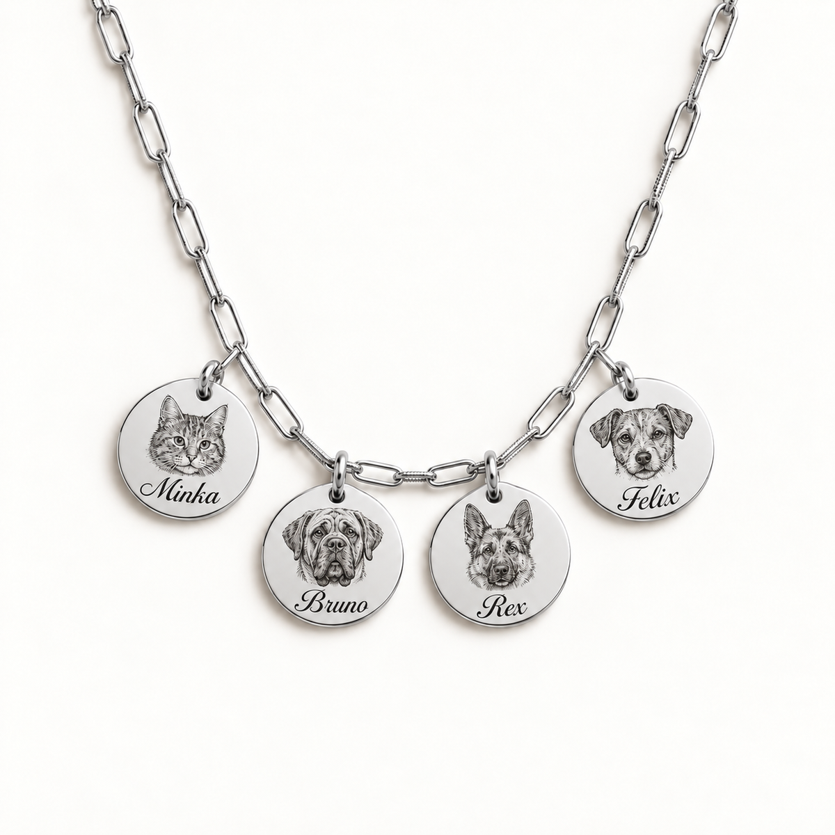 Silver paperclip necklace with 4 engraved pet portraits and name engraving in font 22
