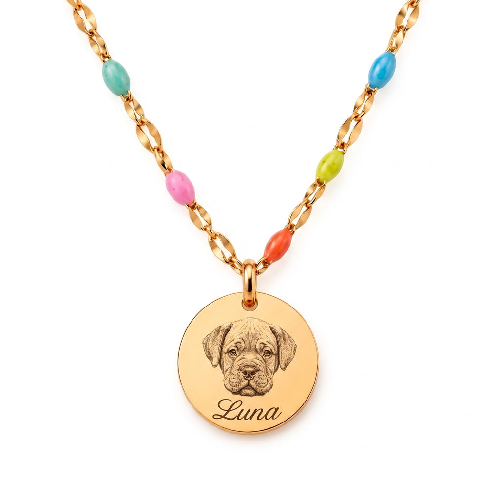 Gold Rainbow Bridge necklace with Luna engraving and colorful beads