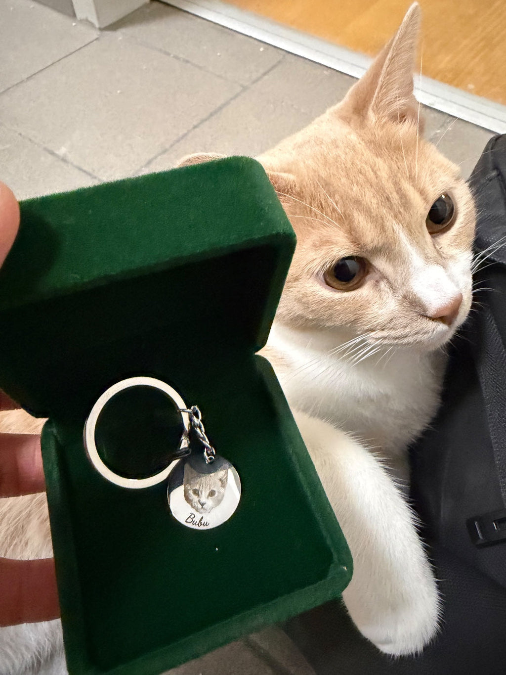 Customer example of a personalized pet portrait keychain