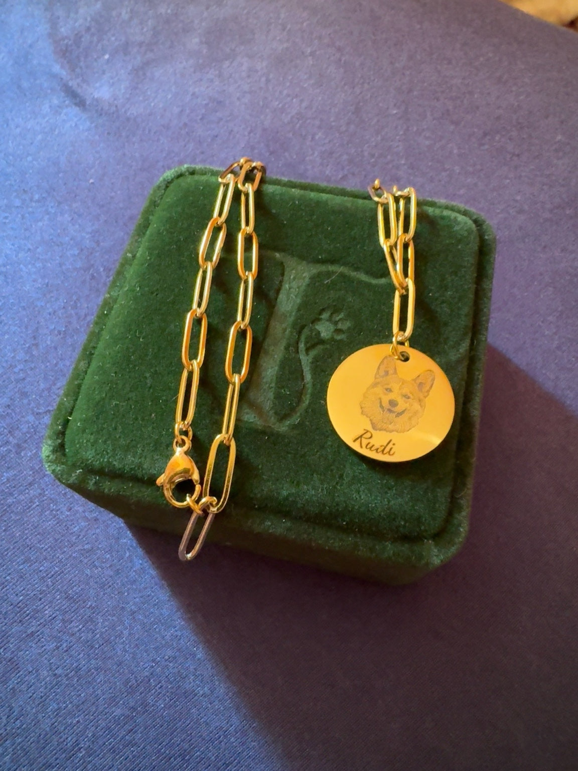 Customer photo of paperclip necklace with Rudi engraving
